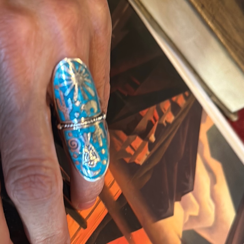 Turquoise and Sterling Elongated Oval Ring with Cactus - Picture 3 of 5